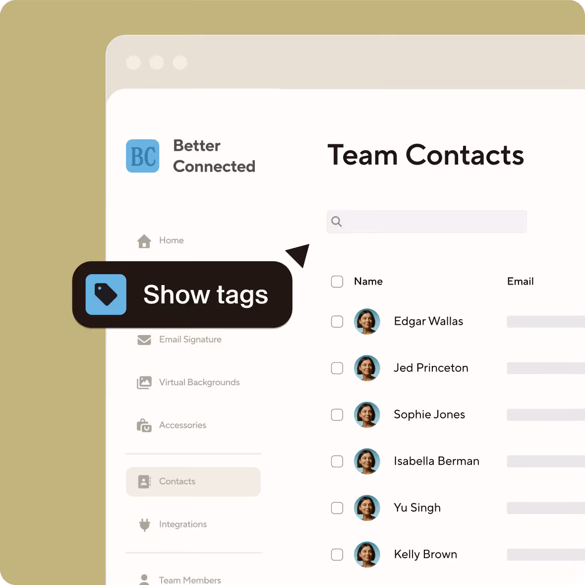 Dashboard interface showing a Team Contacts list with names, profile pictures, checkboxes, and a search bar, highlighted by a 'Show tags' tooltip.