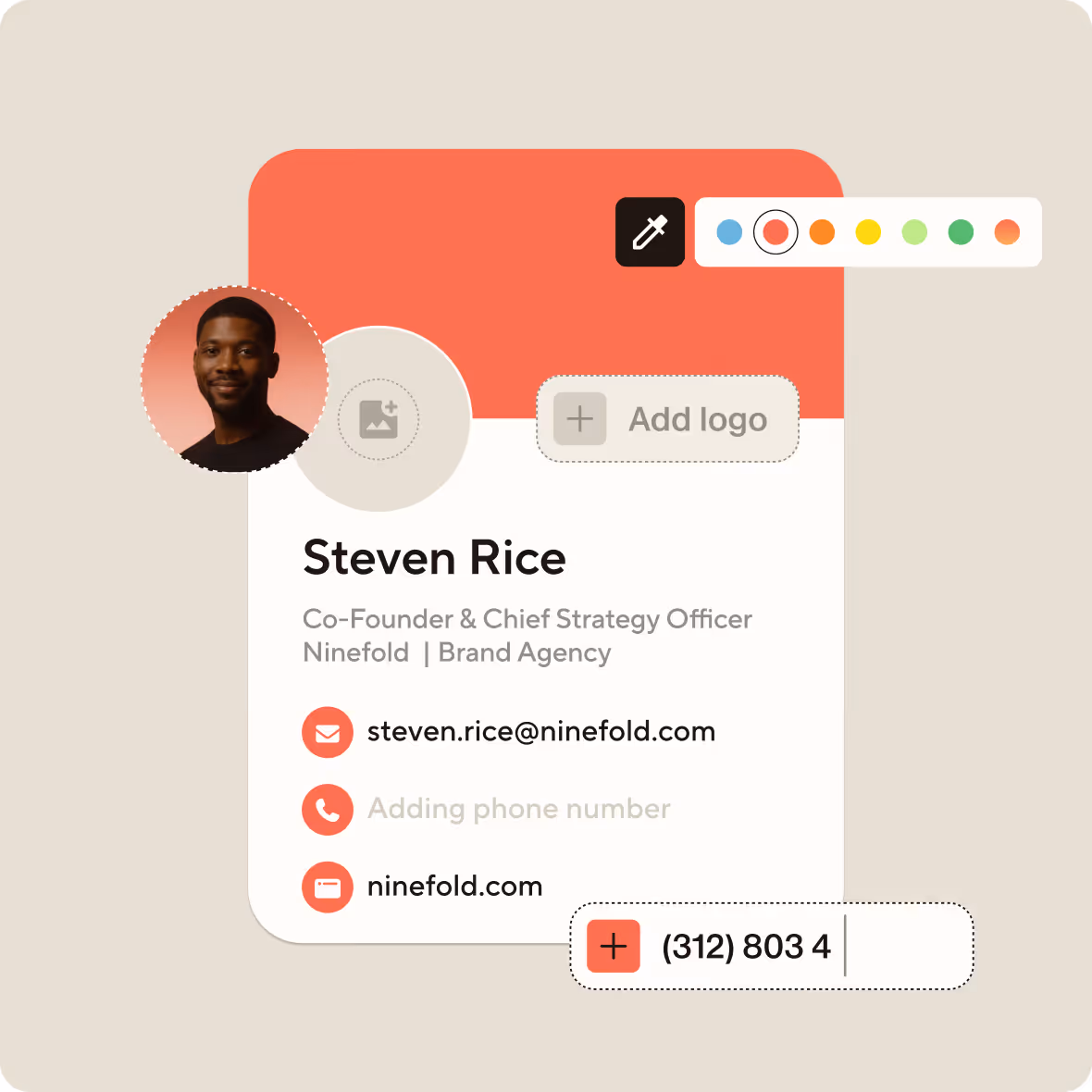 Digital business card for Steven Rice, Co-Founder & Chief Strategy Officer at Ninefold Brand Agency, showing email, website, and phone number entry with color customization options.
