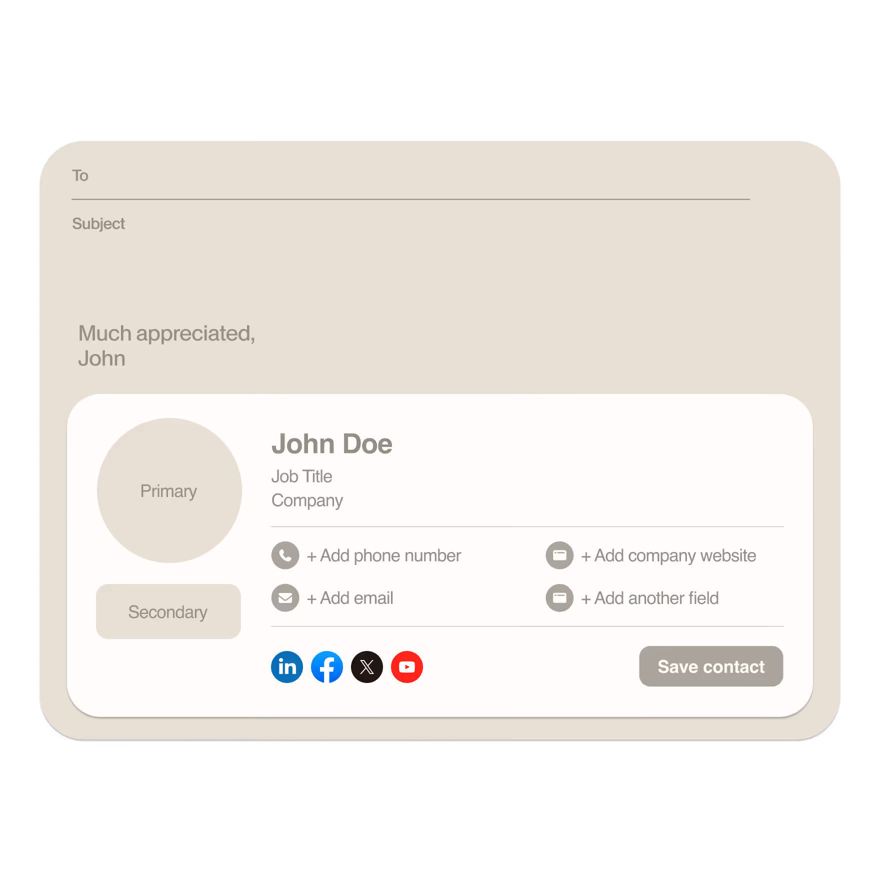 Email signature template showing John Doe's contact info with placeholders for phone, email, company website, and social media icons for LinkedIn, Facebook, X, and YouTube, plus a 'Save contact' button.