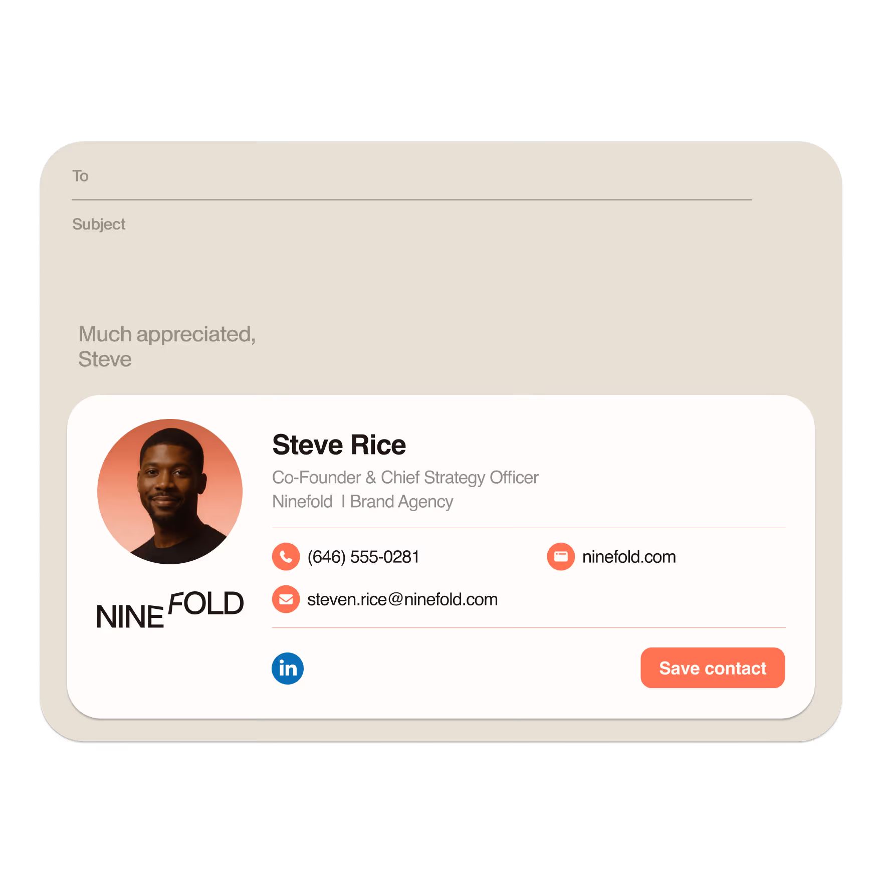 Email signature showing Steve Rice, Co-Founder & Chief Strategy Officer of Ninefold brand agency, with contact info including phone number, email, website, and LinkedIn icon.