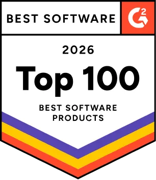 G2 Best Software 2026 Top 100 Best Software Products badge with colored chevron stripes.