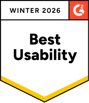 G2 badge for Best Usability Winter 2026 with white background and orange G2 logo.