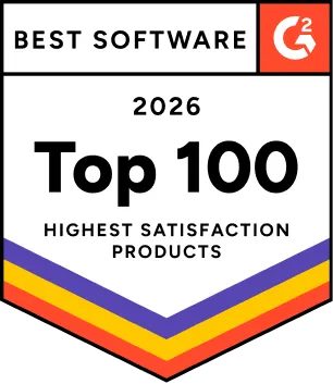 G2 Best Software 2026 Top 100 Highest Satisfaction Products badge with colorful stripes.