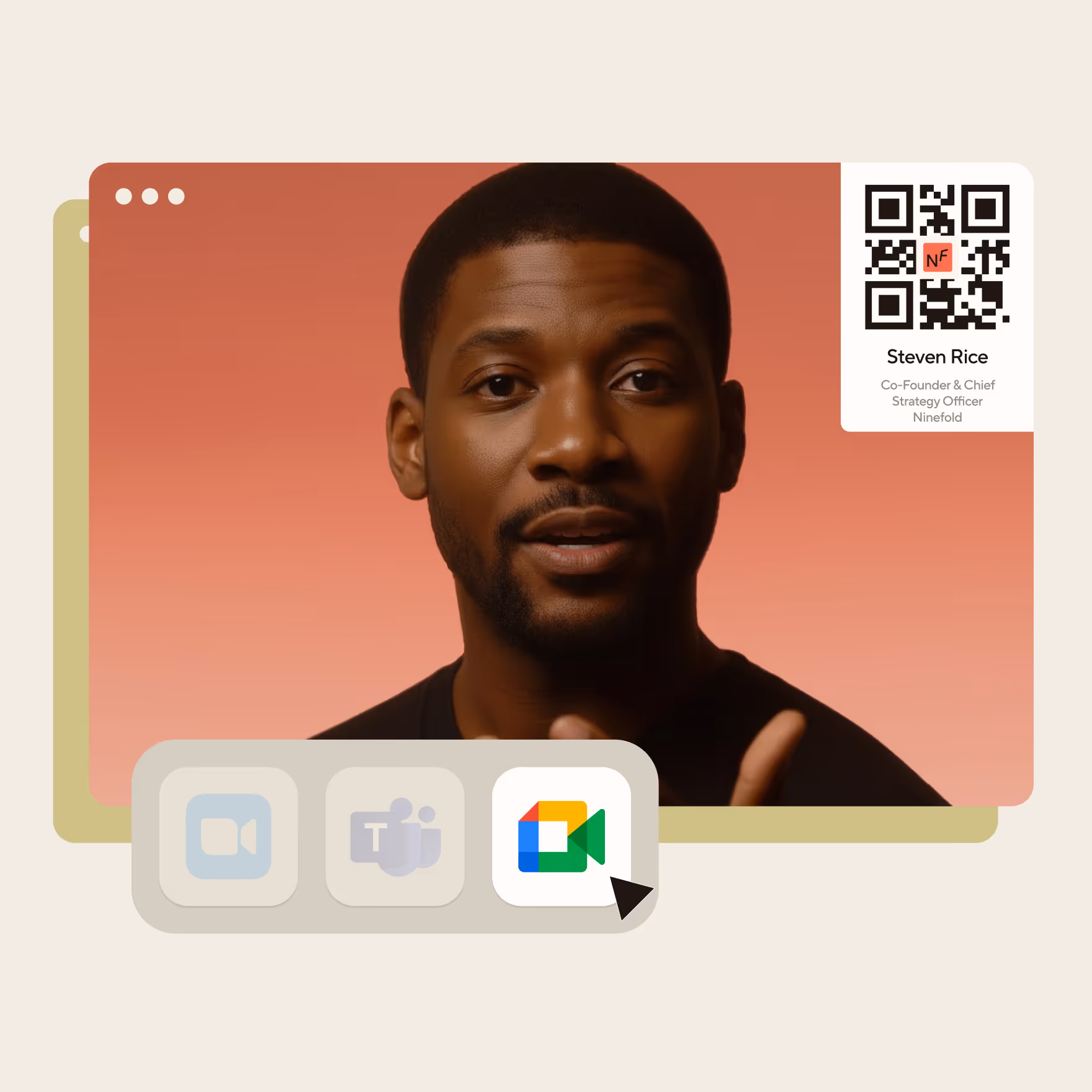 Video call screen with a branded Blinq virtual meeting background featuring the speaker's digital business card QR code