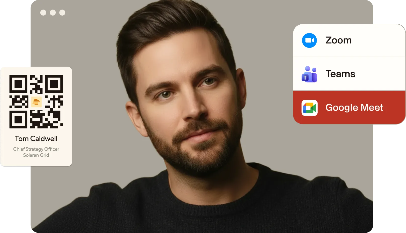 Portrait of a man with short dark hair and a beard against a plain background, with a virtual background selection menu showing Zoom, Teams, and Google Meet, and a QR code business card for Tom Caldwell, Chief Strategy Officer at Solaran Grid.