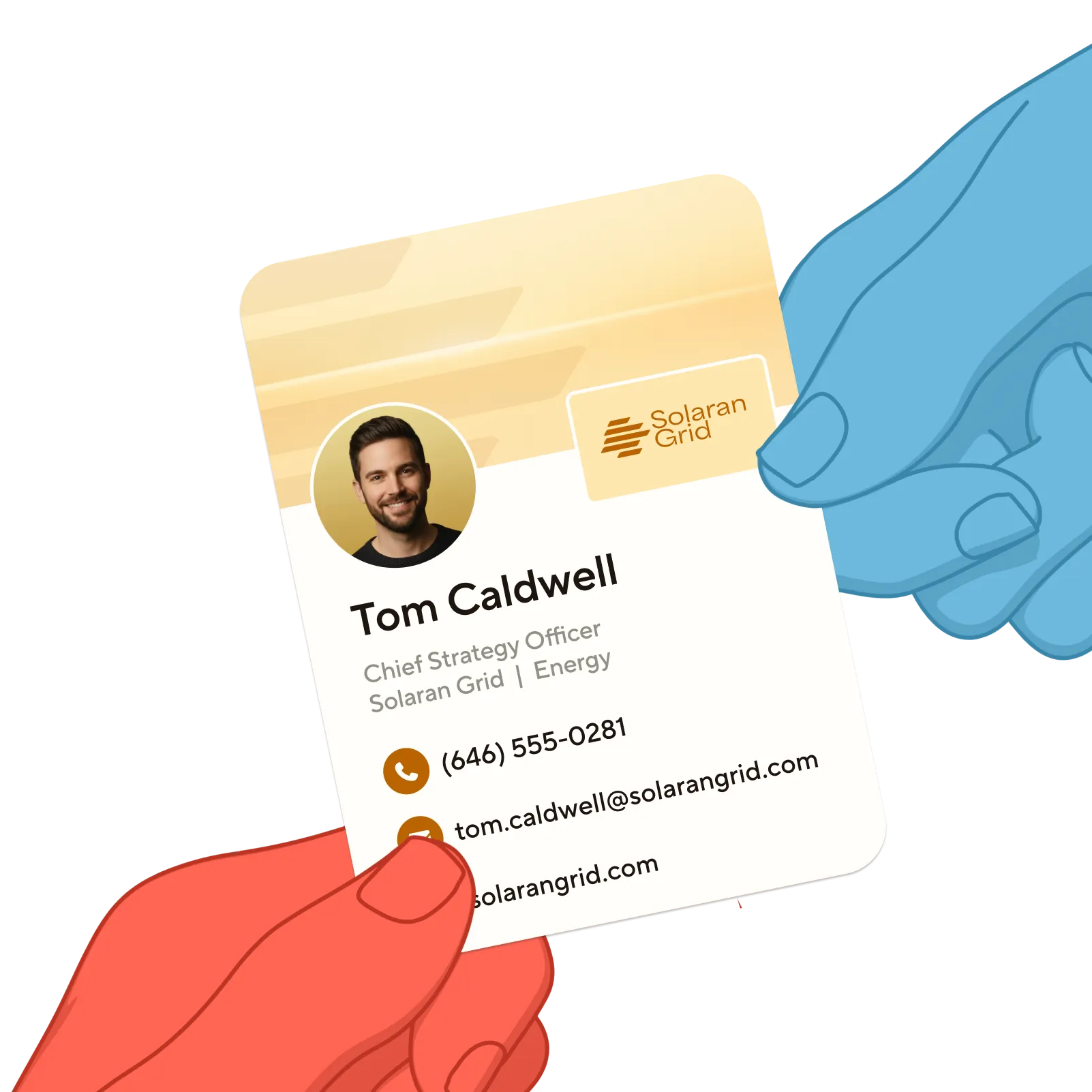 Business card held by two hands with colored skin tones, showing Tom Caldwell as Chief Strategy Officer of Solaran Grid with contact phone and email.