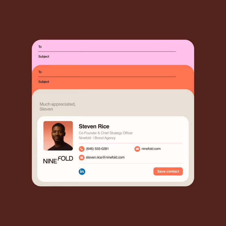 Email signature card for Steven Rice, Co-Founder & Chief Strategy Officer at Ninefold with photo, phone number, email, website, and LinkedIn icon.
