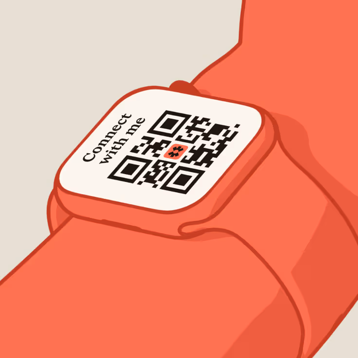 Smartwatch with a red band displaying a QR code and the text 'Connect with me'.