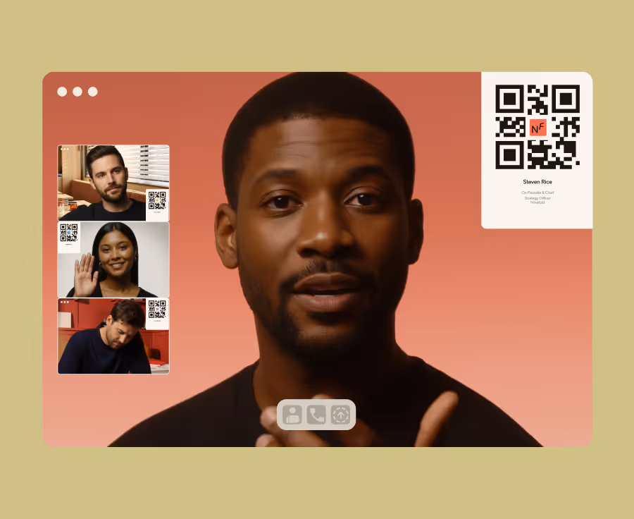 Video call screen showing a man speaking prominently with three smaller video frames of other participants on the left and a QR code with a name and title on the right.