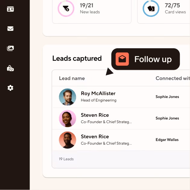 User interface showing leads captured with names, roles, and connected contacts, with a highlighted 'Follow up' button.