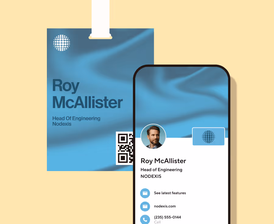 Blue company badge and digital profile card for Roy McAllister, Head of Engineering at Nodexis, showing contact info and QR code.