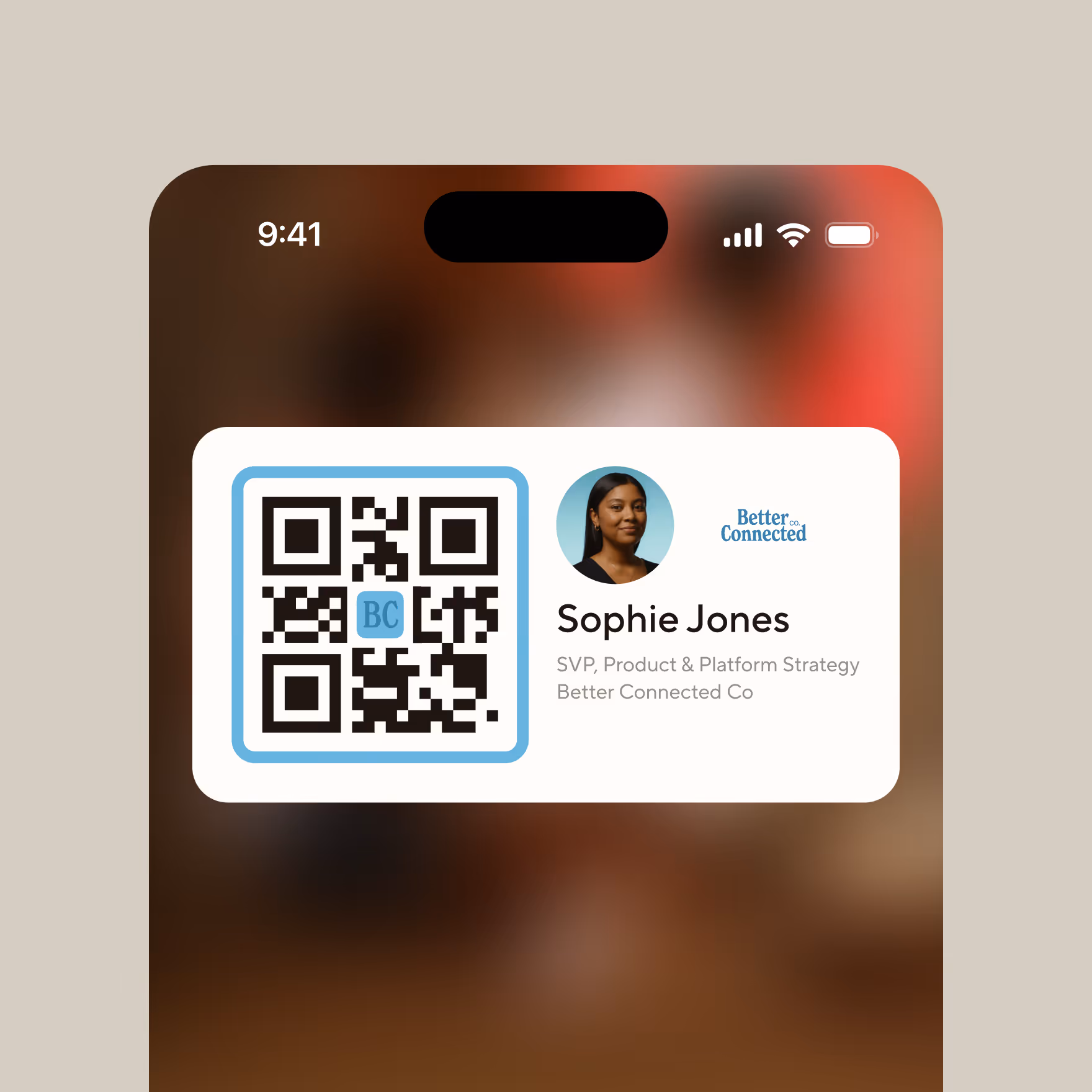 iPhone home screen widget showing a Blinq digital business card with QR code