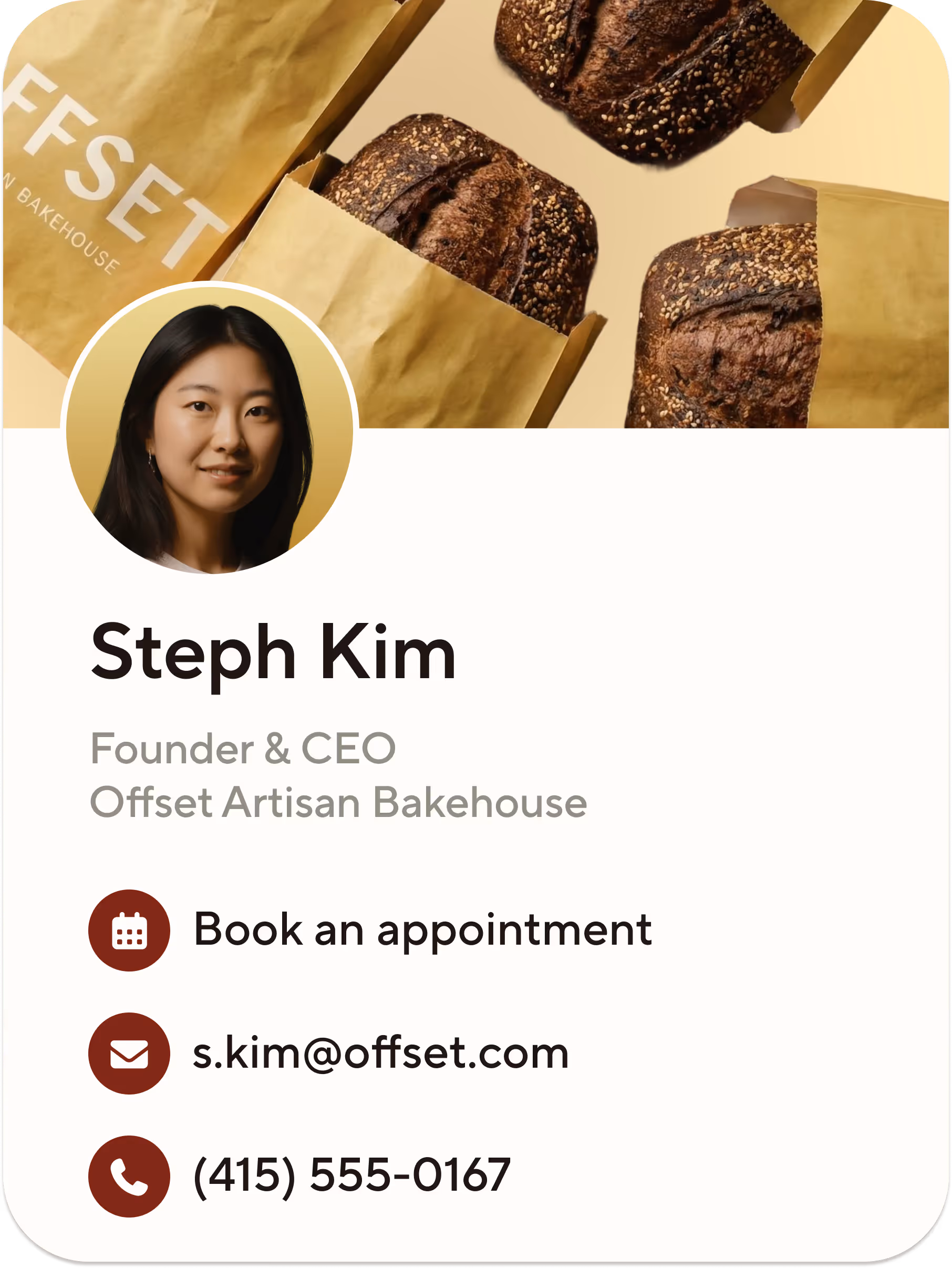 Blinq digital business card for Steph Kim, Founder & CEO at Offset Artisan Bakehouse, with phone number and link to the company email.