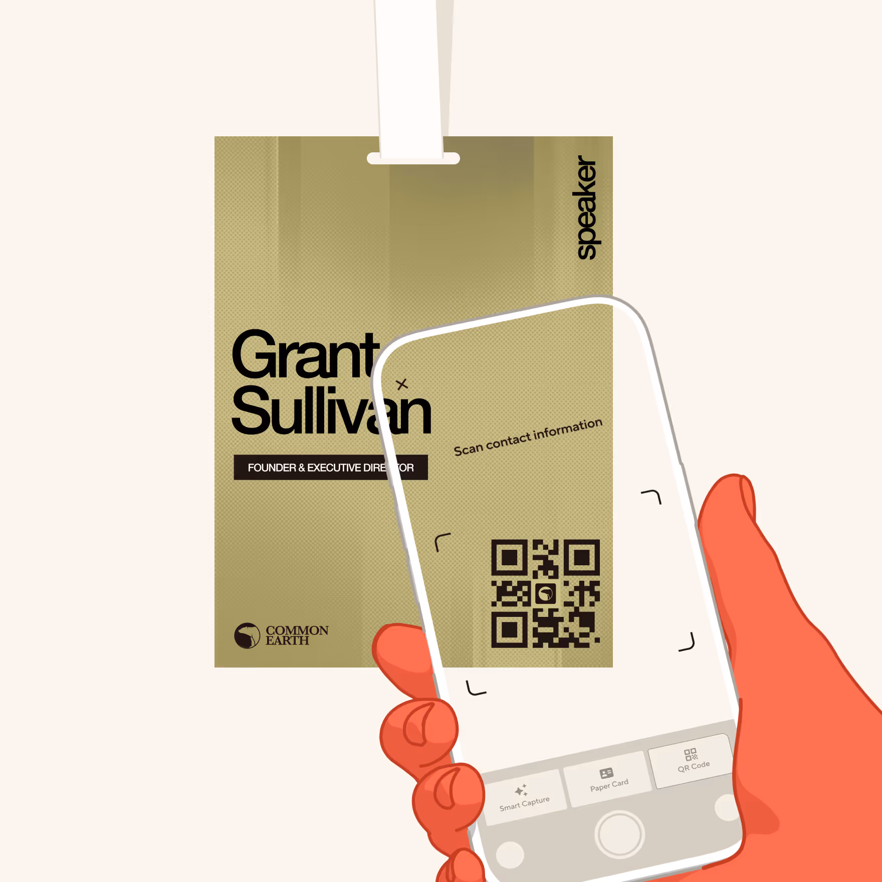 Conference attendee wearing a Blinq event badge with QR code for instant digital business card exchange