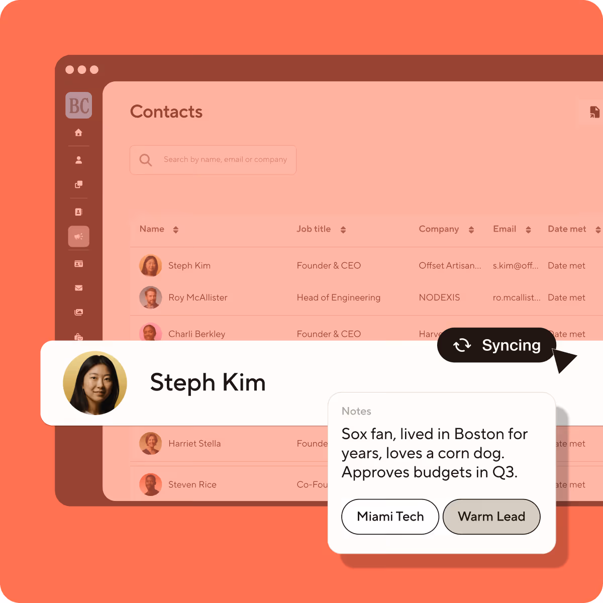 CRM contact record auto-populated by Blinq with every digital business card field, tags and meeting notes