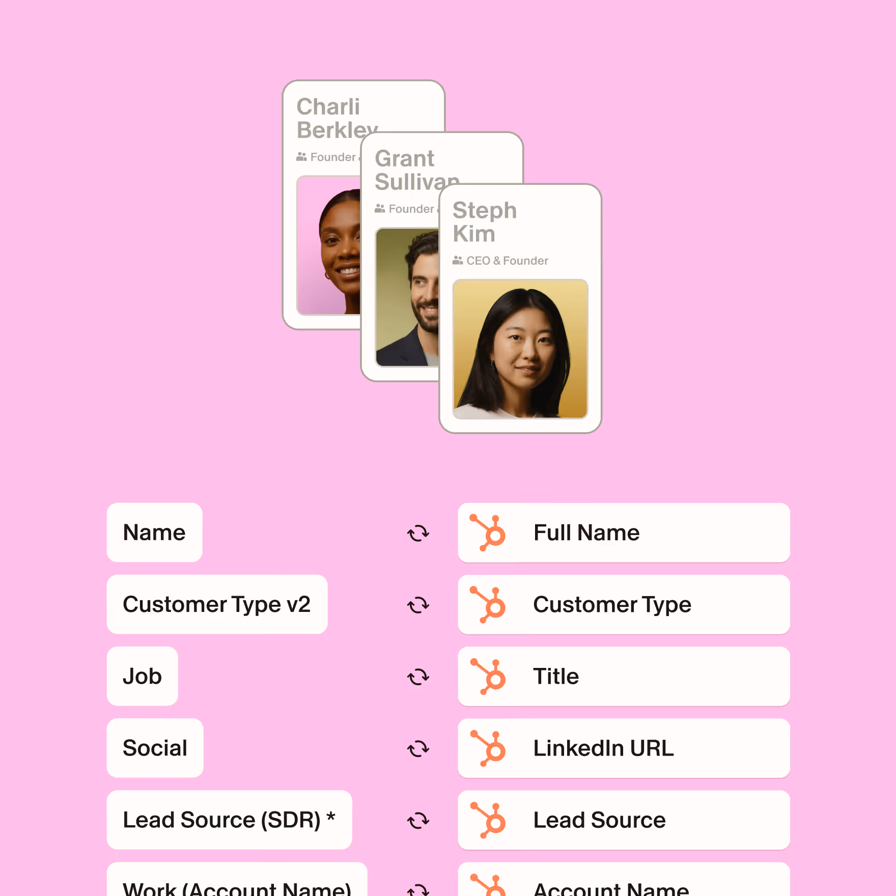 Blinq field-mapping interface aligning digital business card data to custom Salesforce, HubSpot and Dynamics fields