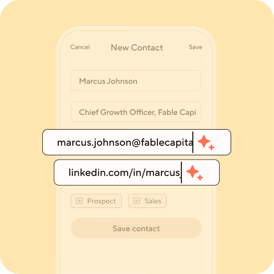 Blinq event lead capture app New Contact screen with AI-enriched fields automatically filling in email and LinkedIn URL.