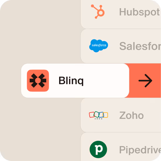 Blinq syncing a captured event lead directly to CRM platforms including HubSpot, Salesforce, Zoho, and Pipedrive.