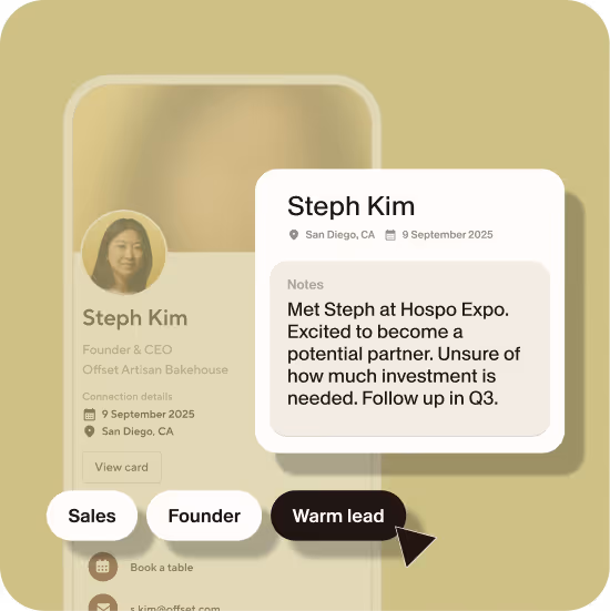 Blinq lead retrieval screen showing AI-generated meeting notes and lead qualification tags: Sales, Founder, and Warm lead.