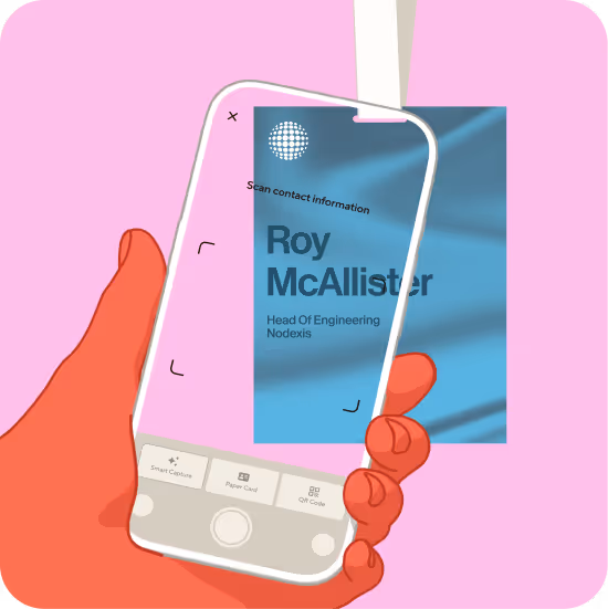 Hand holding a smartphone scanning an event badge using Blinq's Smart Capture feature for instant lead capture.