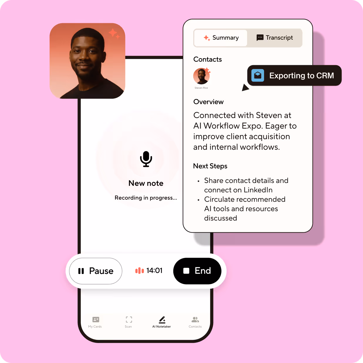 Blinq AI Notetaker recording a live conversation, with an AI-generated contact summary and next steps exported to CRM.