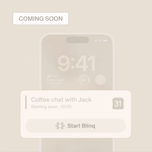 iPhone calendar notification for an upcoming meeting with a 'Start Blinq' prompt for instant AI Notetaker launch