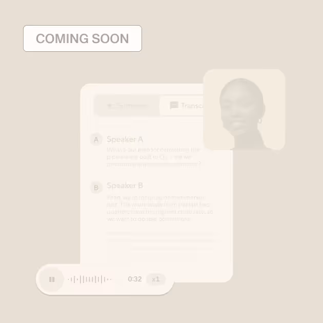 Blinq AI Notetaker audio playback screen showing speaker-labelled conversation transcript