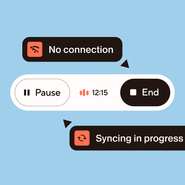 Blinq AI Notetaker showing offline recording mode with 'No connection' indicator and 'Syncing in progress' status