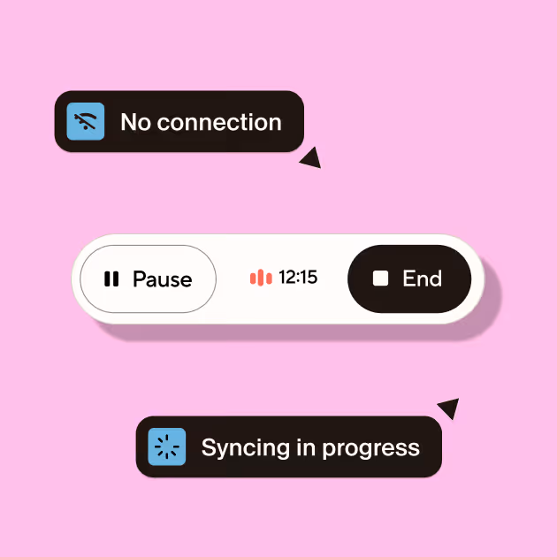 Blinq AI Notetaker showing offline recording mode with 'No connection' indicator and 'Syncing in progress' status