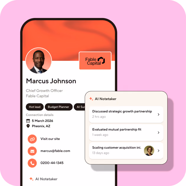 Blinq lead retrieval screen showing AI-generated meeting notes and lead qualification tags: Sales, Founder, and Warm lead.