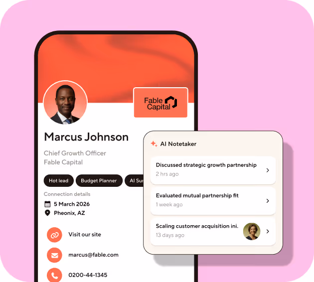 Blinq lead retrieval screen showing AI-generated meeting notes and lead qualification tags: Sales, Founder, and Warm lead.