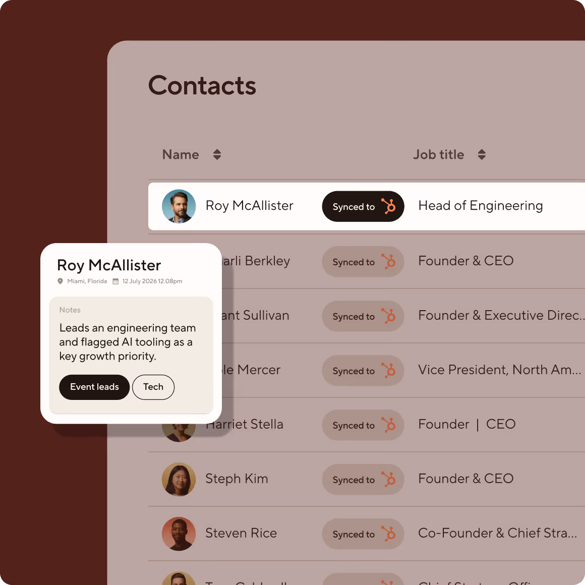 Blinq AI Notetaker syncing event conversation notes to a CRM contacts list with AI-generated qualification tags