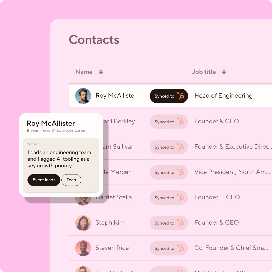 Blinq AI Notetaker syncing event conversation notes to a CRM contacts list with AI-generated qualification tags