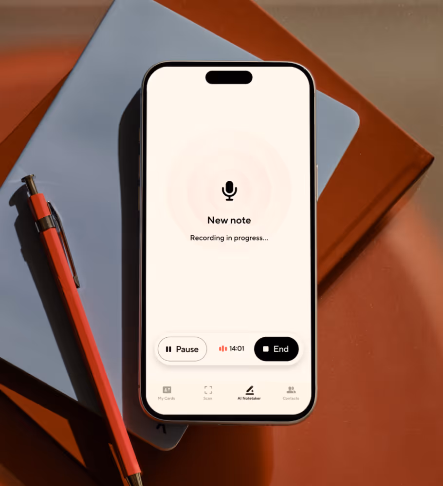 iPhone showing Blinq AI Notetaker recording screen with microphone and on-device noise isolation controls