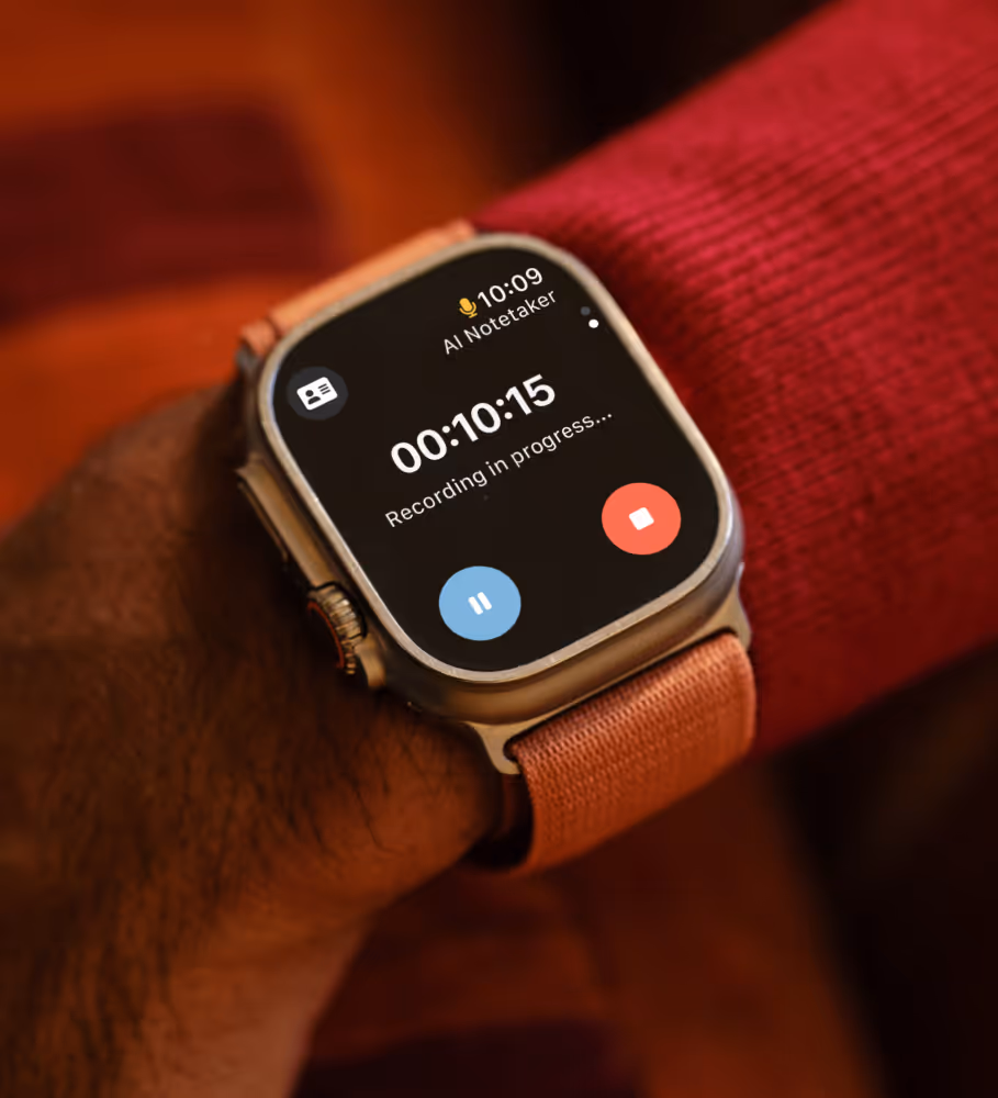 Apple Watch Ultra displaying Blinq AI Notetaker recording in progress for hands-free note-taking