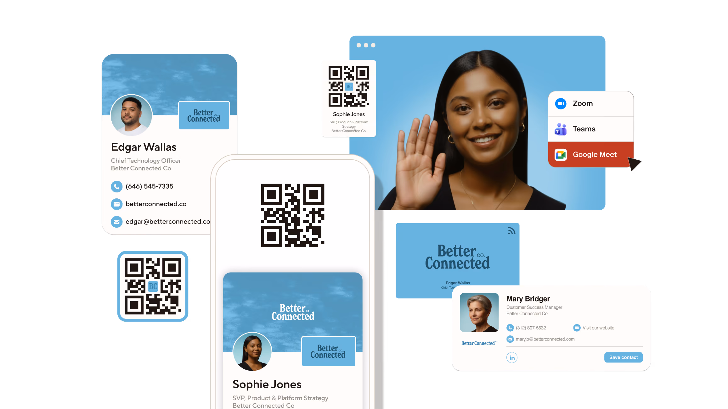 Collage of Blinq digital business cards, QR codes and people connecting