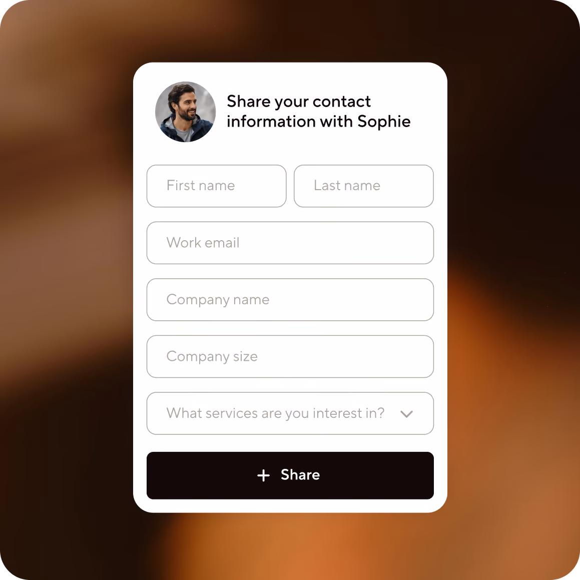 Blinq contact-sharing form requesting a new contact's name, email and company details