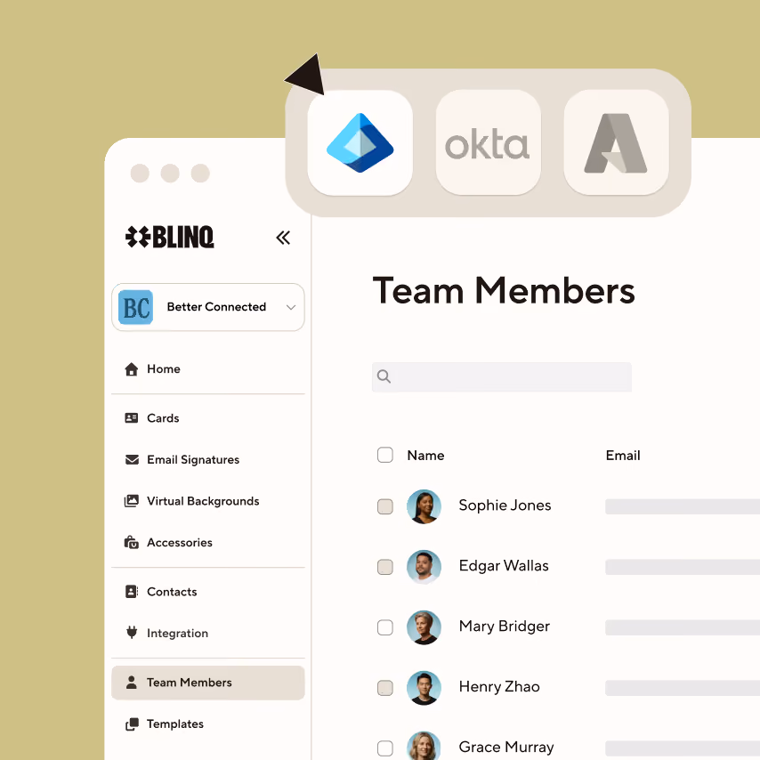 Blinq team admin dashboard with SSO integrations such as Okta and a Team Members list