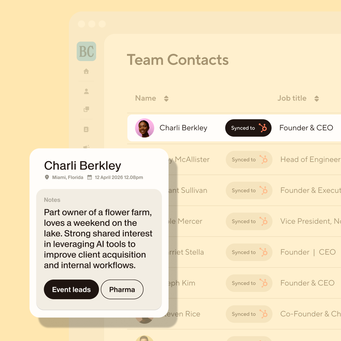 Blinq Team Contacts dashboard showing a shared contact profile with notes and tags