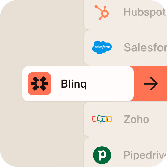 Blinq syncing a captured event lead directly to CRM platforms including HubSpot, Salesforce, Zoho, and Pipedrive.
