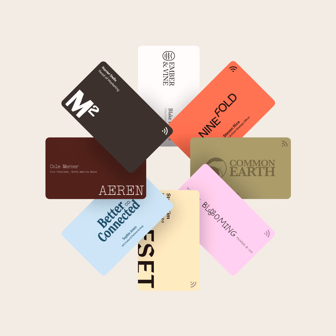 Eight Blinq NFC business cards in different company brand designs arranged in a circle