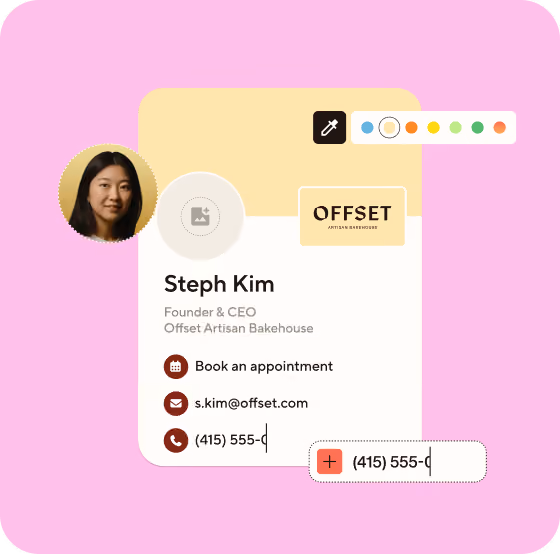 The Blinq profile editor, with brand colour options, a logo upload and a phone number being added to a card