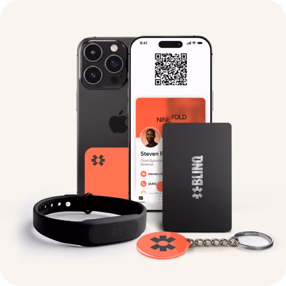Blinq NFC accessory range: a black card, wristband and coral keychain beside an iPhone showing a Blinq profile
