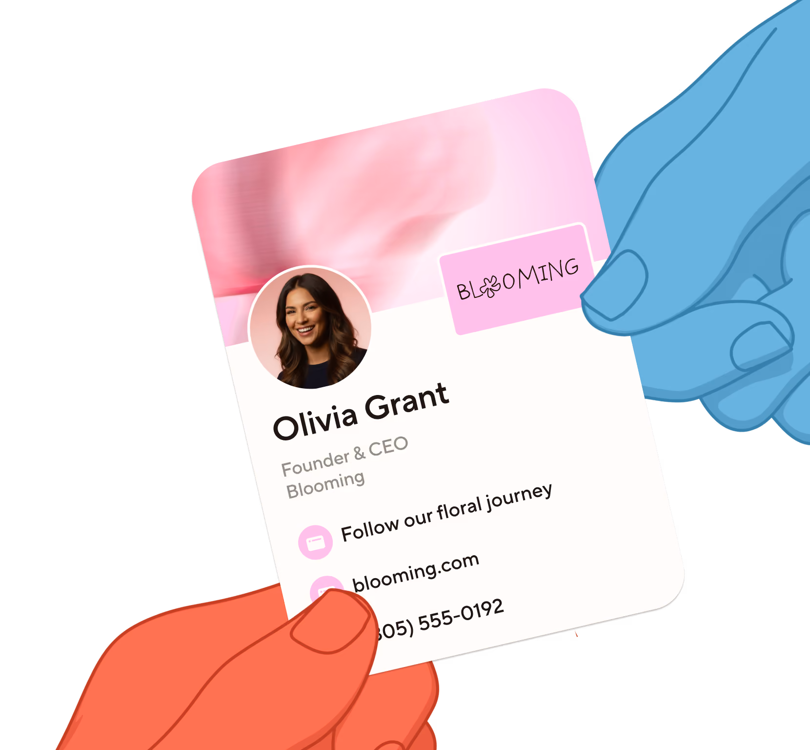 Illustrated hands passing a Blinq digital business card for Olivia Grant, Founder and CEO of Blooming