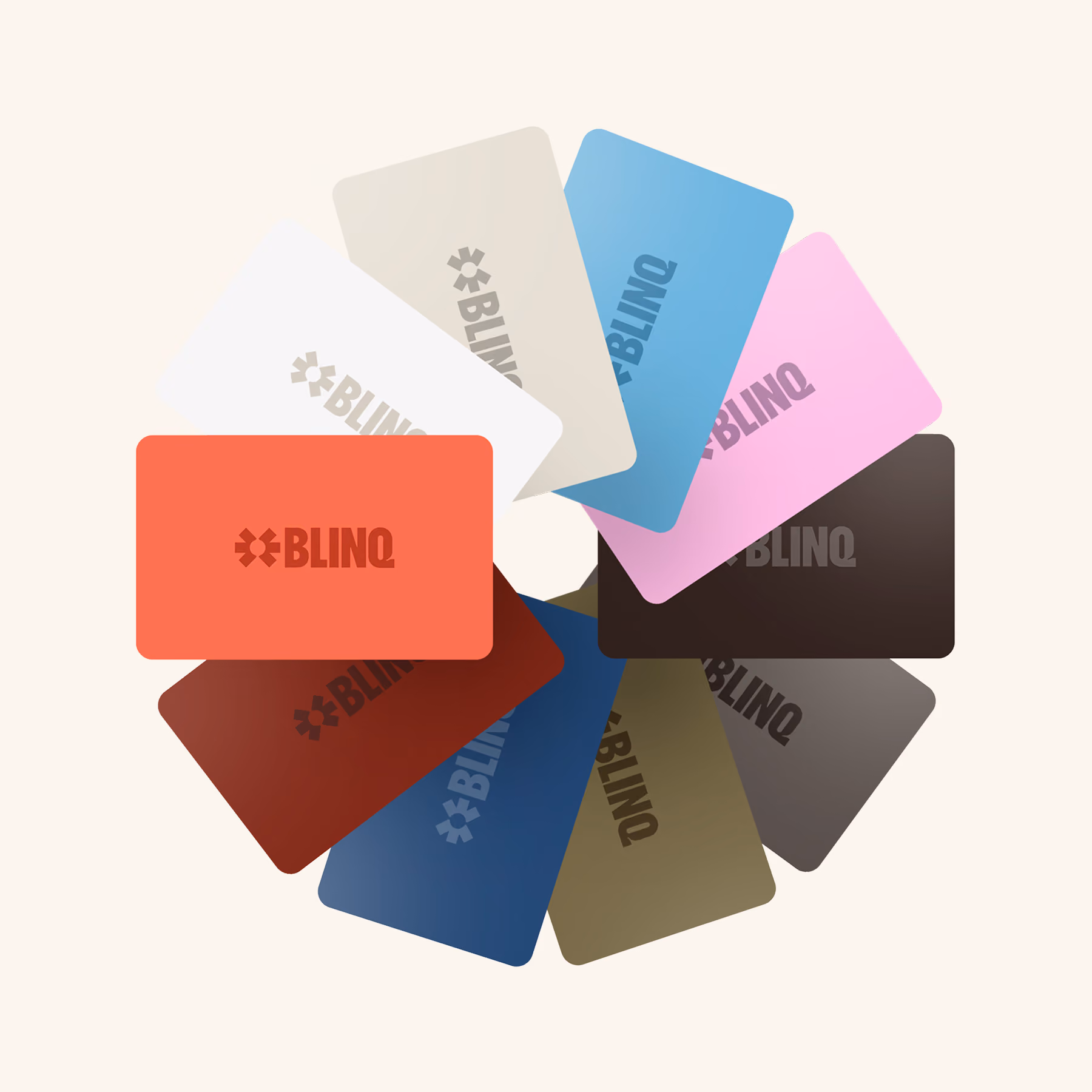 Blinq classic NFC business cards fanned out in a circle, showing all ten colour options with the embossed Blinq logo