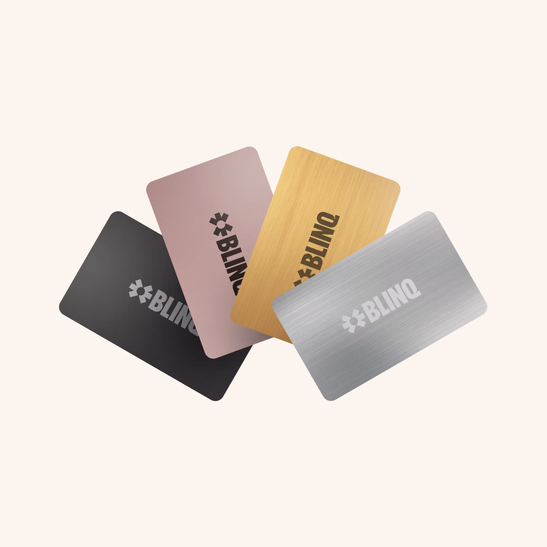 Four Blinq metal NFC business cards fanned out in brushed black, rose gold, gold and silver stainless steel