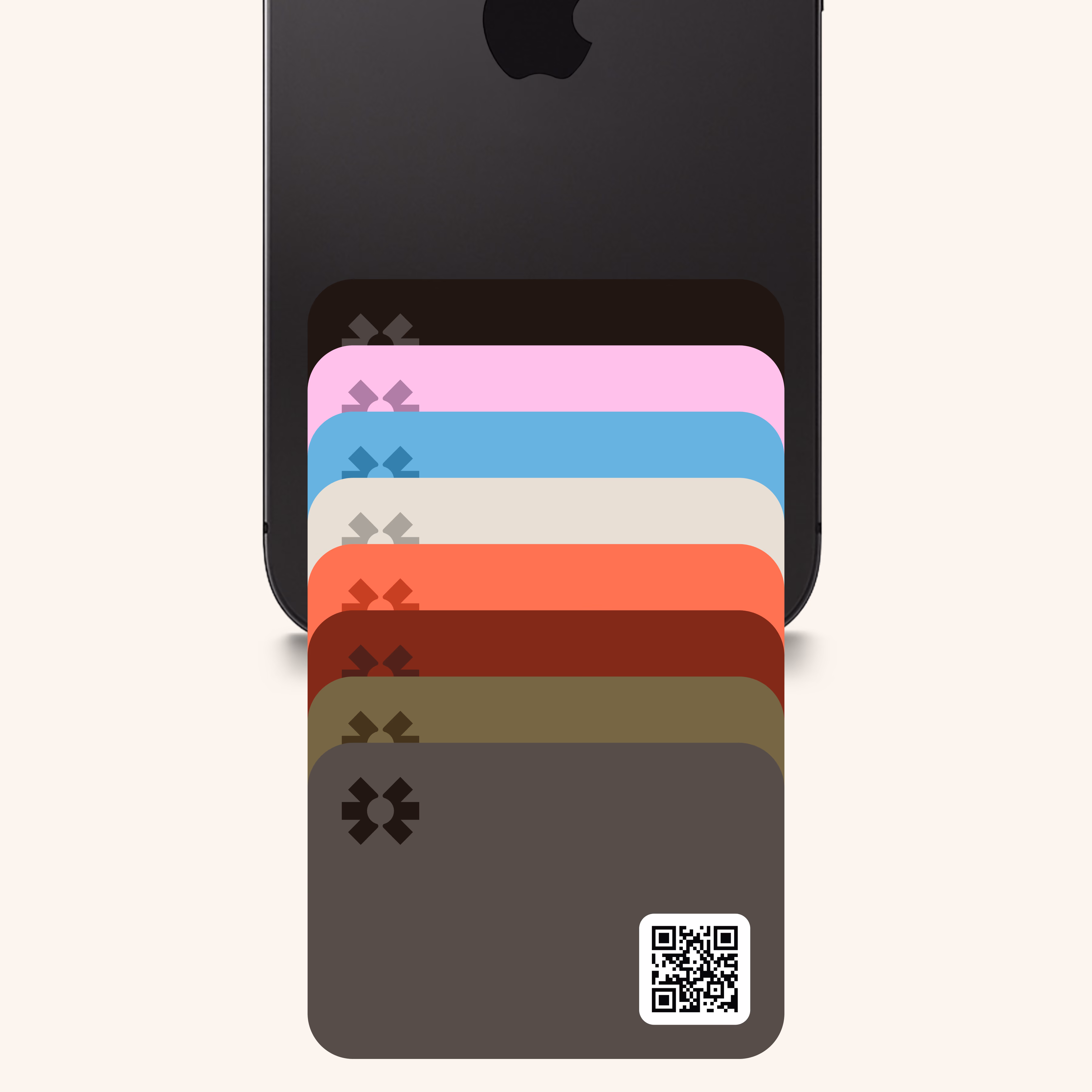 Eight Blinq NFC phone stickers fanned across the back of a black iPhone, the front one showing its QR code
