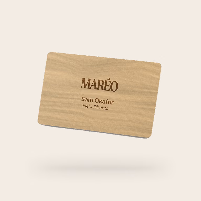 Eight custom Blinq NFC business cards fanned out, each printed with a different company logo, name and job title