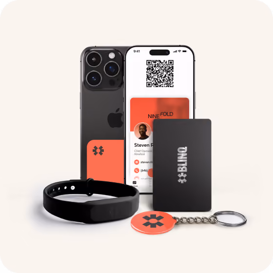 Blinq NFC accessory range: a black card, wristband and coral keychain beside an iPhone showing a Blinq profile