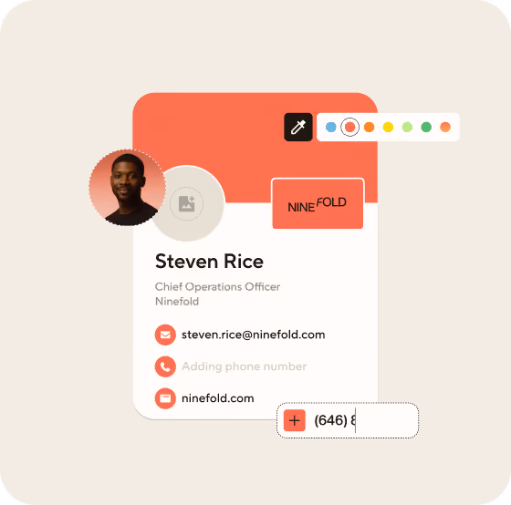 The Blinq profile editor, with brand colour options, a logo upload and a phone number being added to a card